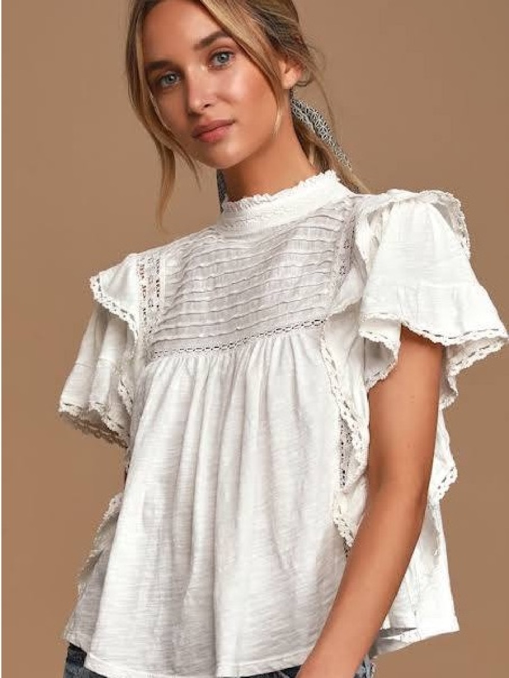 Free People "La Femme" White Lace-Trim Ruffle Blouse - Picture 10 of 10